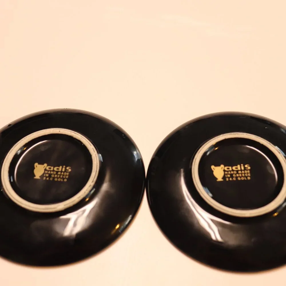 2 Demitasse/Expreso Cups and Sauciers Black and 24‎ Caret Gold Hand Painted